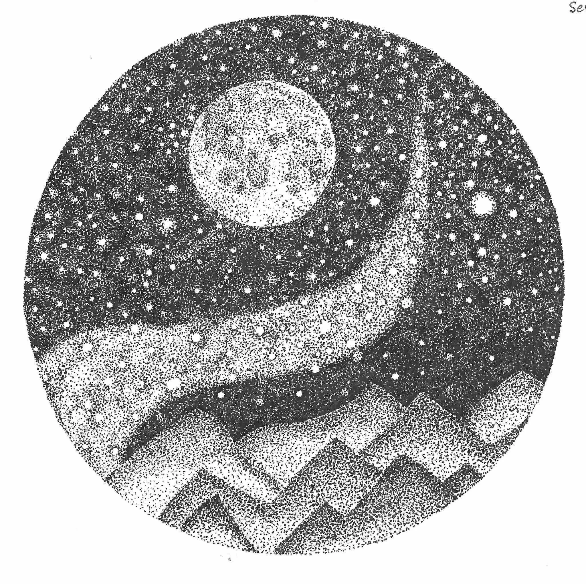 stippled drawing of the moon, Milky Way, and starry sky over mountains