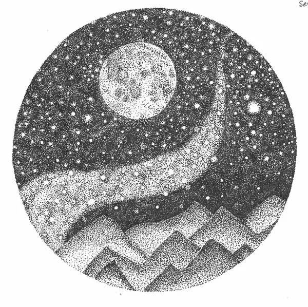 stippled drawing of the moon, Milky Way, and starry sky over mountains