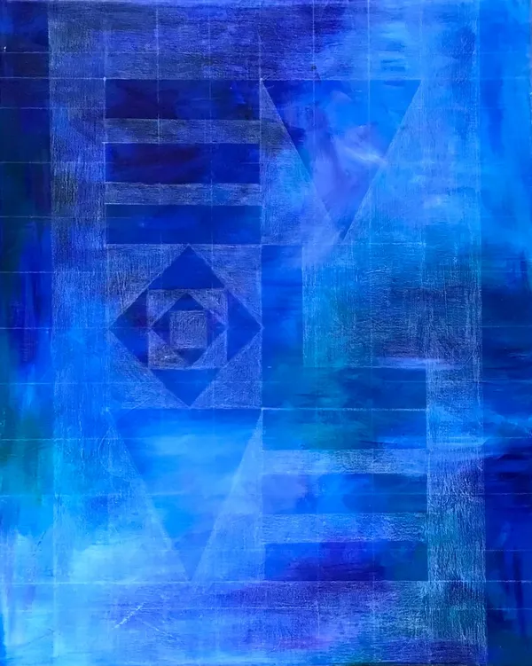 geometric letters spelling EVOLVE sketched in white over an acrylic background of blues