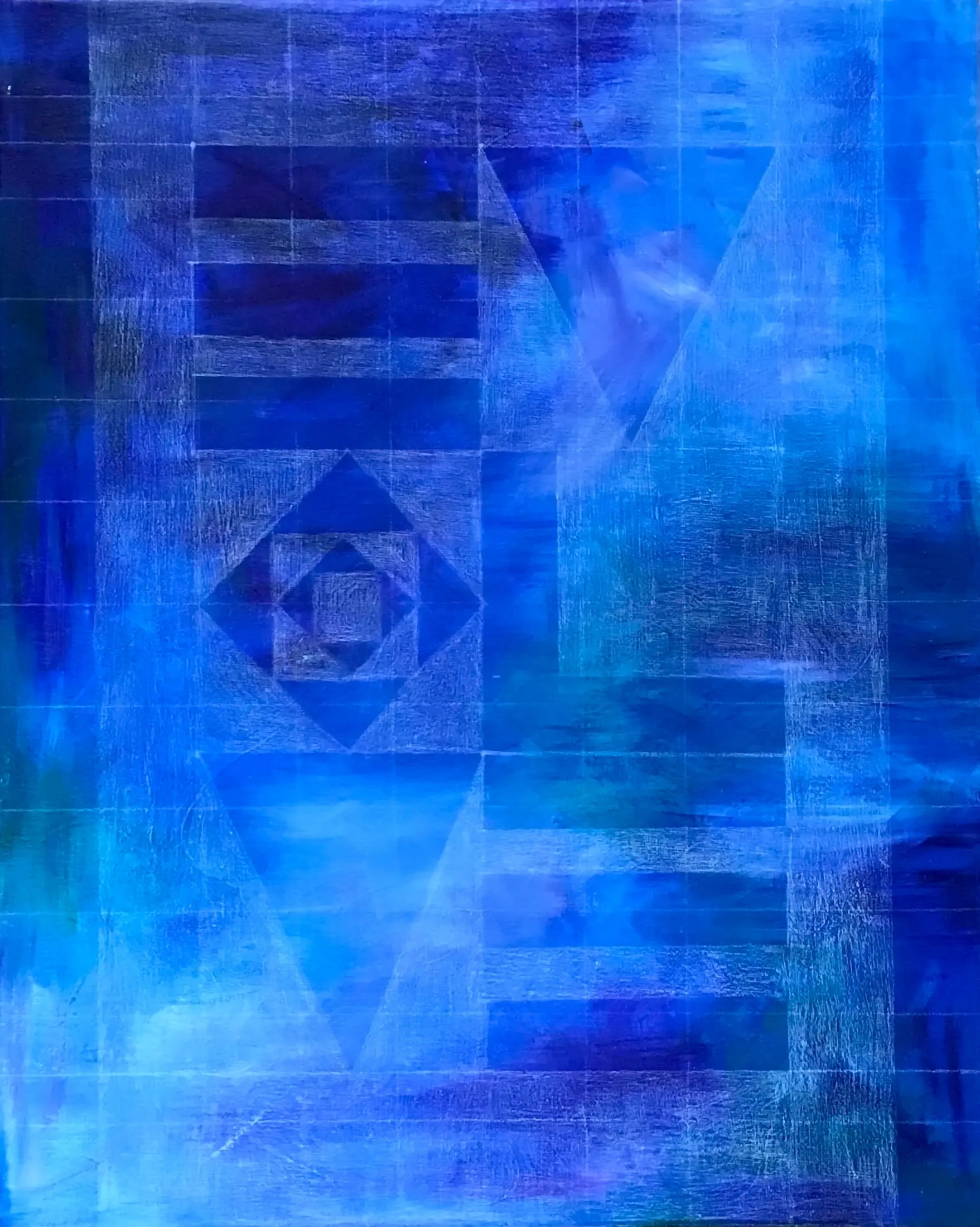 geometric letters spelling EVOLVE sketched in white over an acrylic background of blues