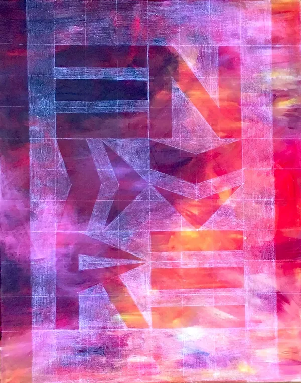 geometric letters spelling ENDURE sketched in white over an acrylic background of reds