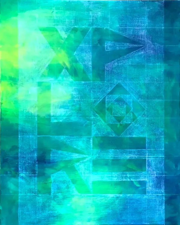 geometric letters spelling EXPLORE sketched in white over an acrylic background of greens