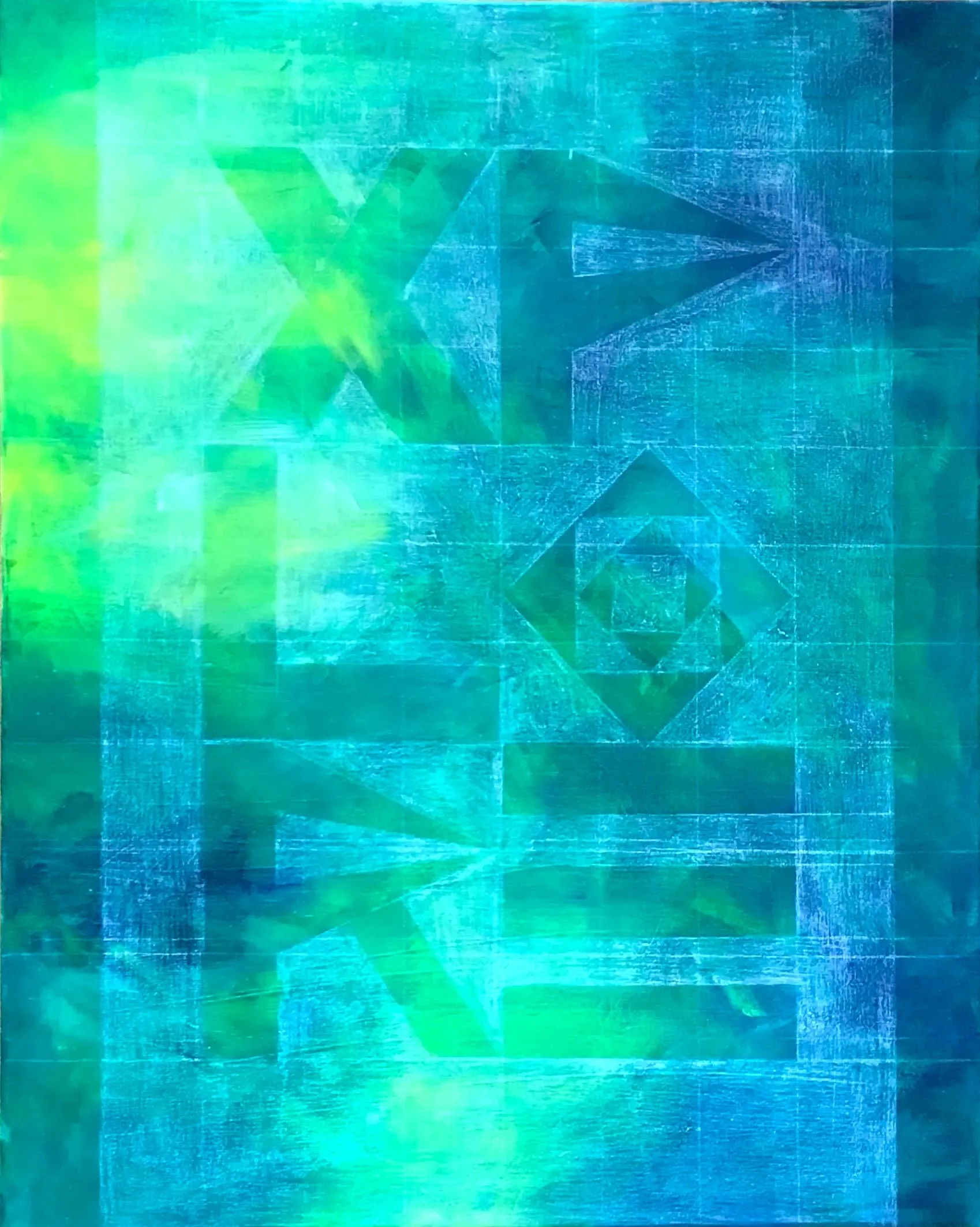 geometric letters spelling EXPLORE sketched in white over an acrylic background of greens