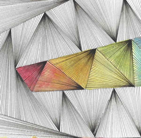 line drawing of triangles filled with radiating lines; one row of which are filled with a rainbow watercolor