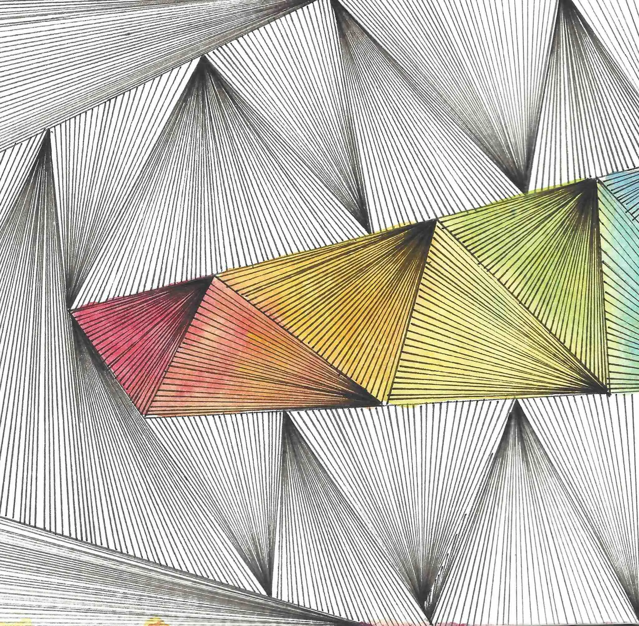 line drawing of triangles filled with radiating lines; one row of which are filled with a rainbow watercolor