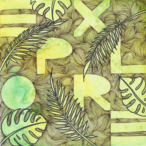 the letters EXPLORE and several simple and monstera leaves drawn on a light green watercolor background