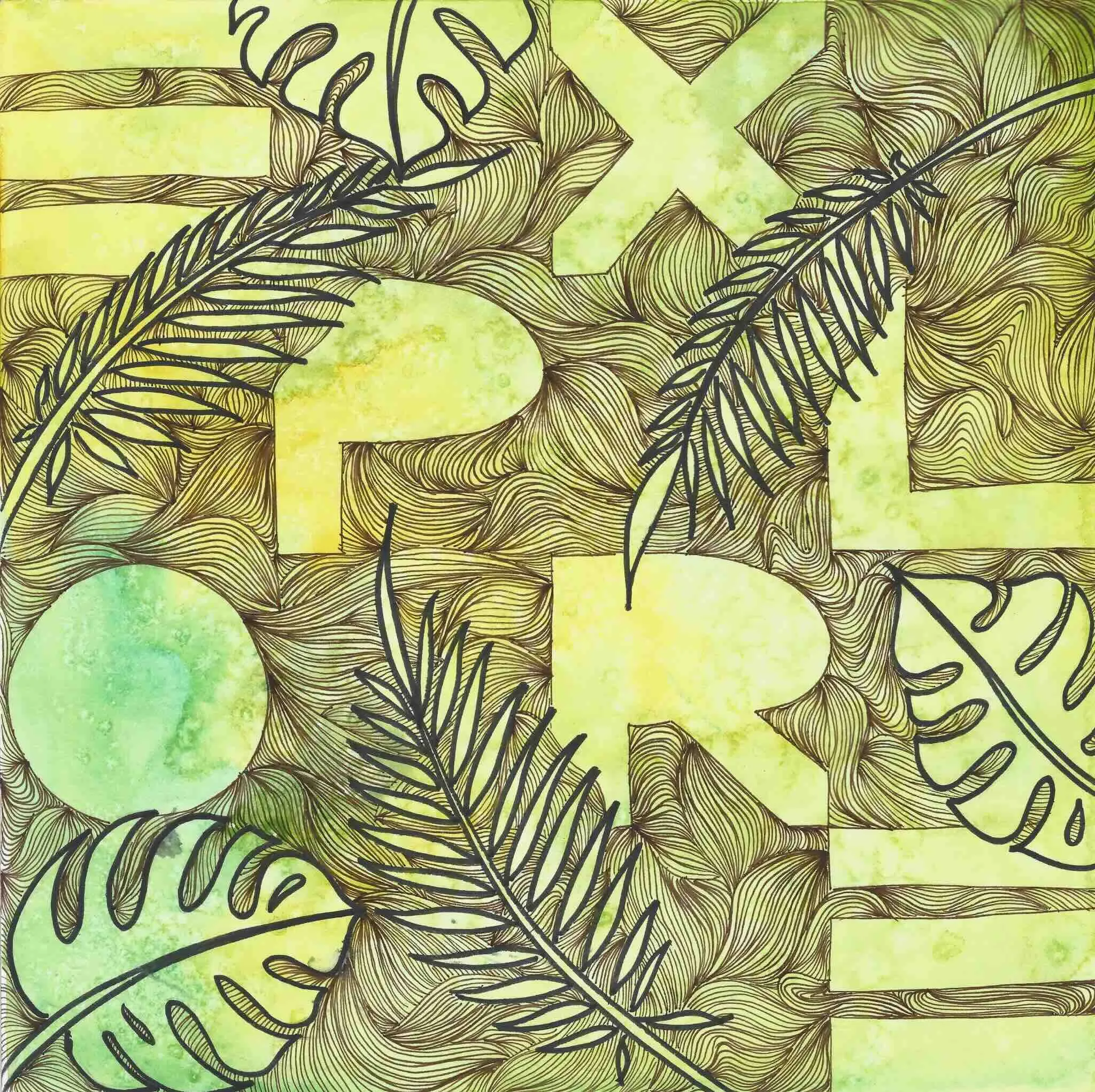 the letters EXPLORE and several simple and monstera leaves drawn on a light green watercolor background