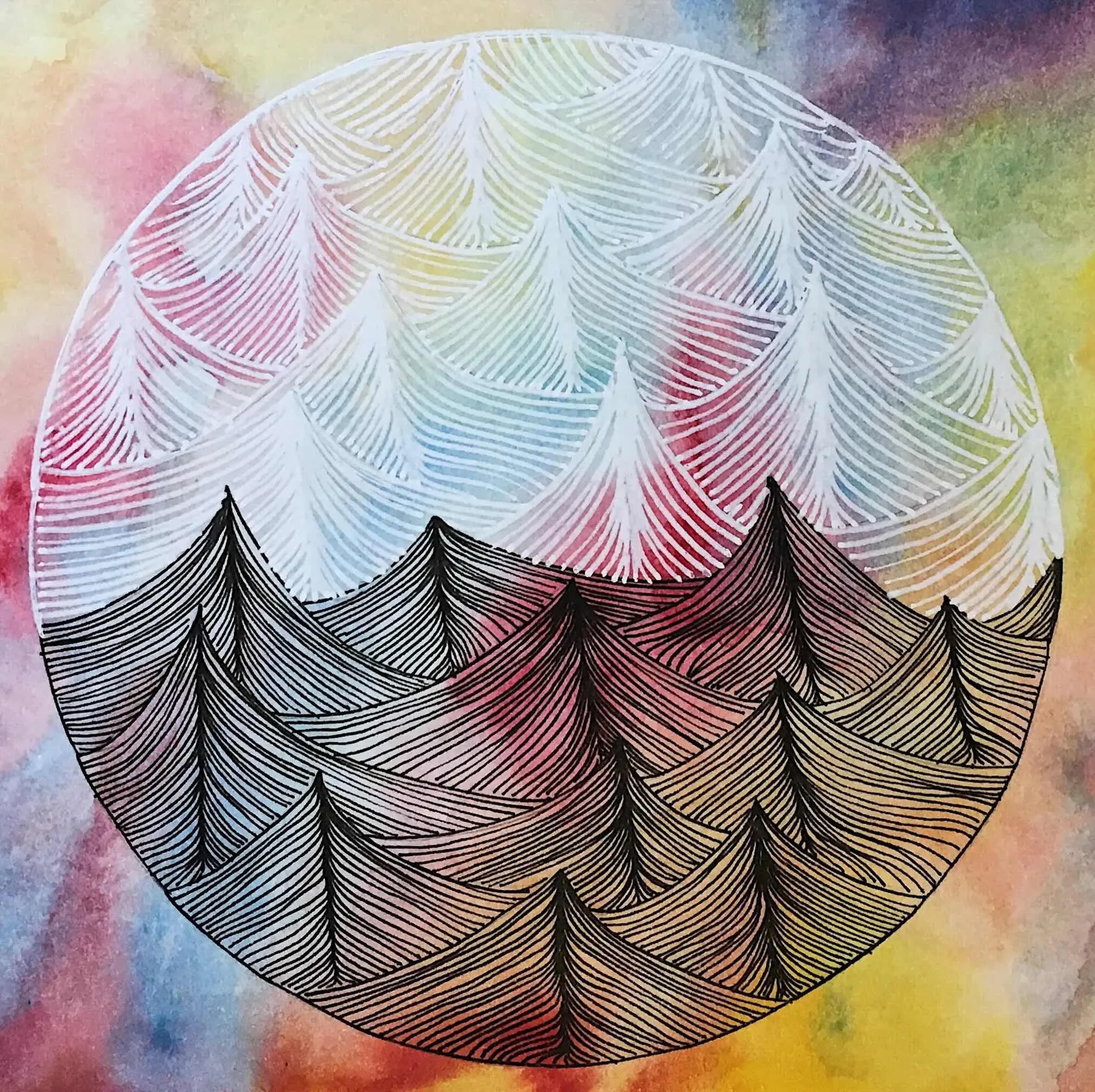 a circle filled with white and black wave drawings on a rainbow watercolor background