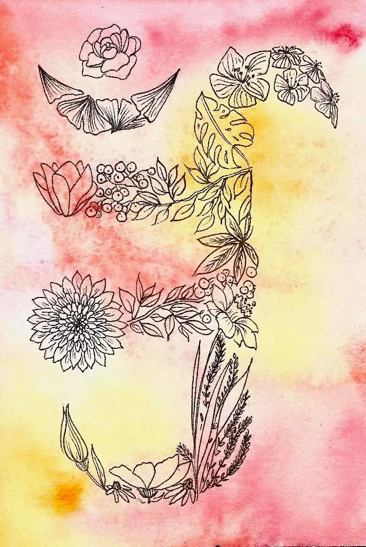 drawing of flowers making up the Jain Om symbol on a red-orange-yellow watercolor background