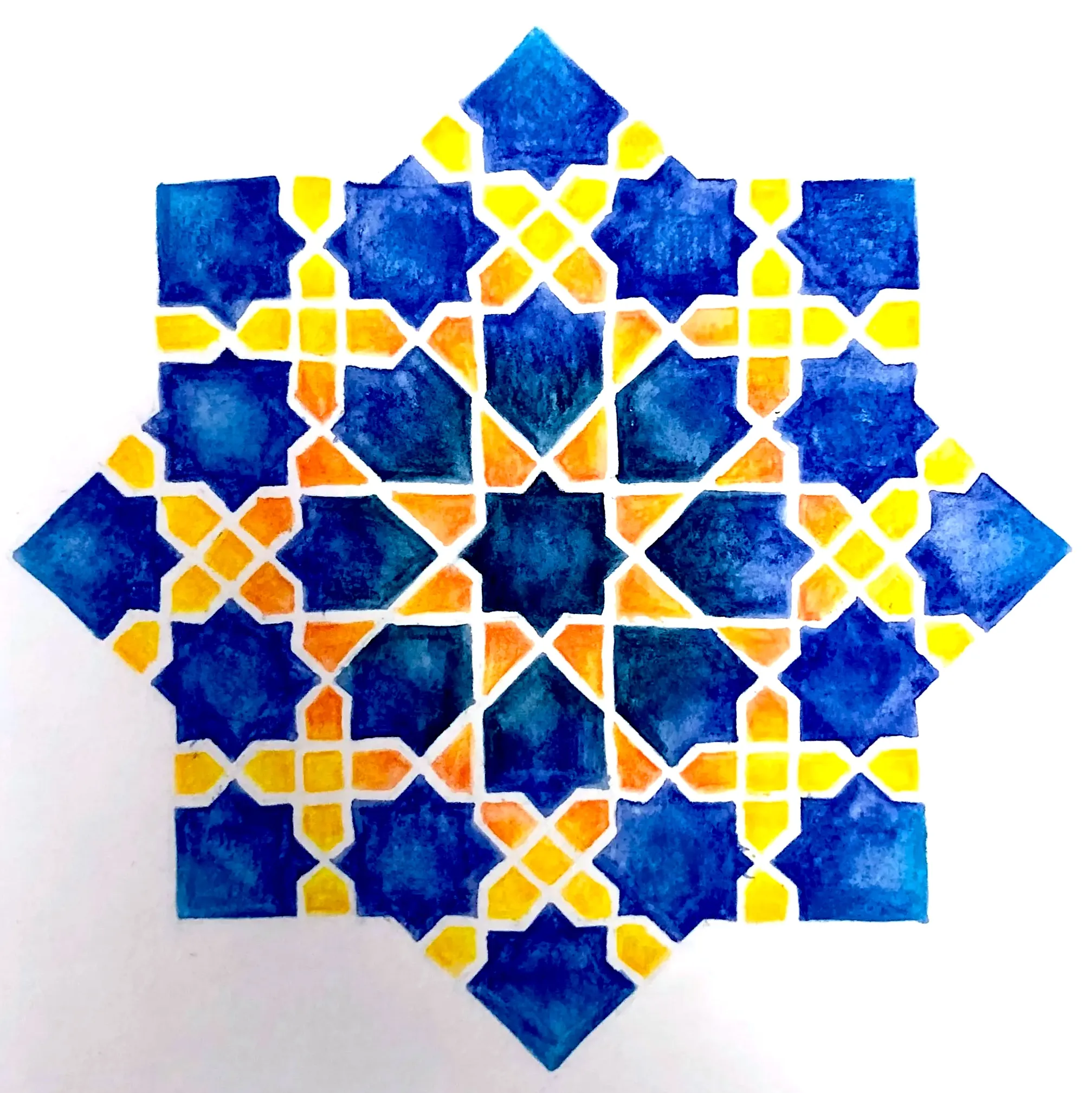 Islamic geometry design created with blue and yellow-orange watercolor pencil tiles