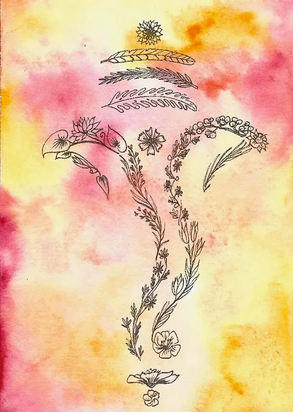drawing of flowers making up an abstract Ganesh shape on a red-orange-yellow watercolor background