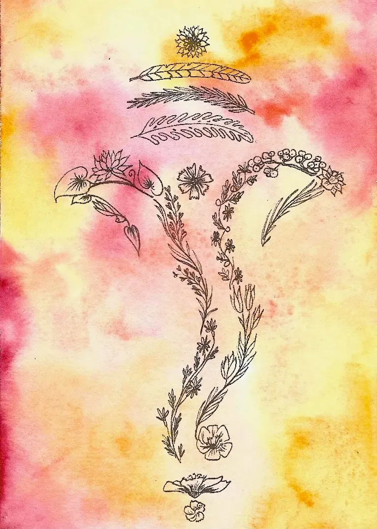 drawing of flowers making up an abstract Ganesh shape on a red-orange-yellow watercolor background