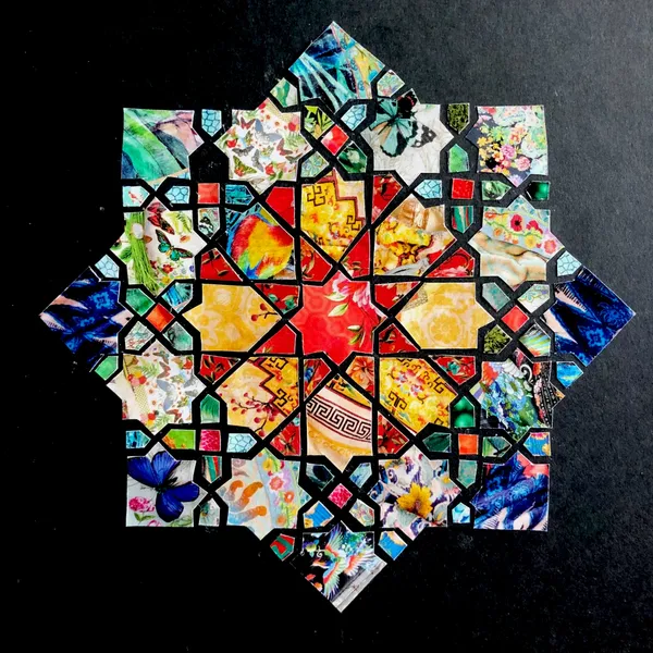 Islamic geometry design created with Johnny Was catalogue paper on a black background