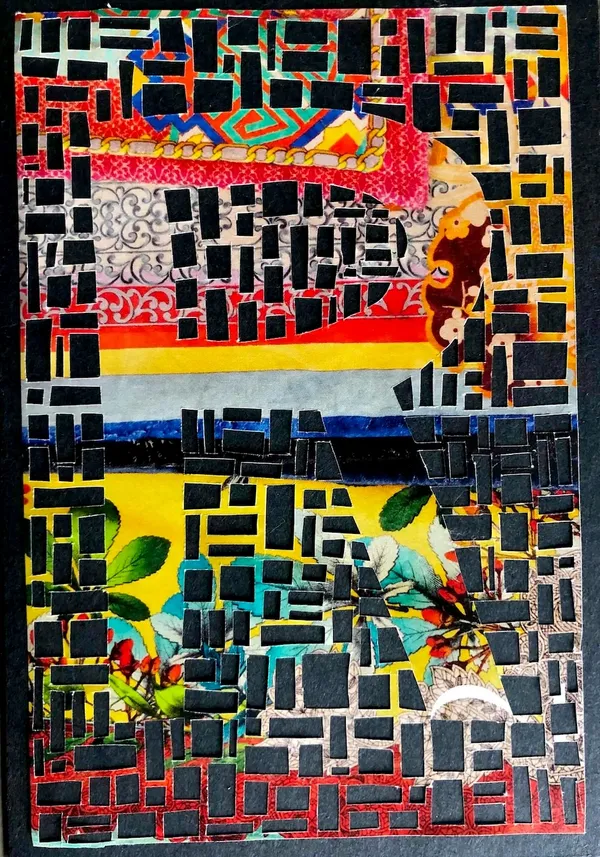 rectangle from Johnny Was catalogue with small tiles of varying dimensions cut out to reveal a solid R; black background