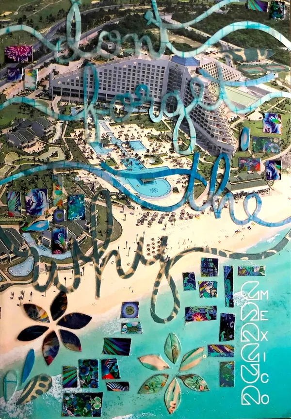 the words 'Don't forget the why' in cursive on a postcard of a resort in Cancun with