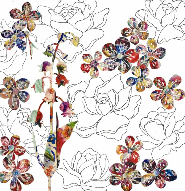 cut-outs of a lily-of-the-valley plant and hawthorn flowers made from Johnny Was catalogue, with line drawings of peonies in the background