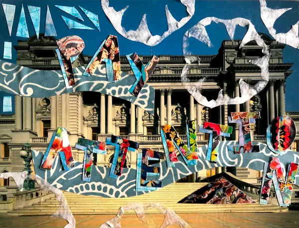 the words 'Pay attention' cut out of paper on a postcard of some classical-style building