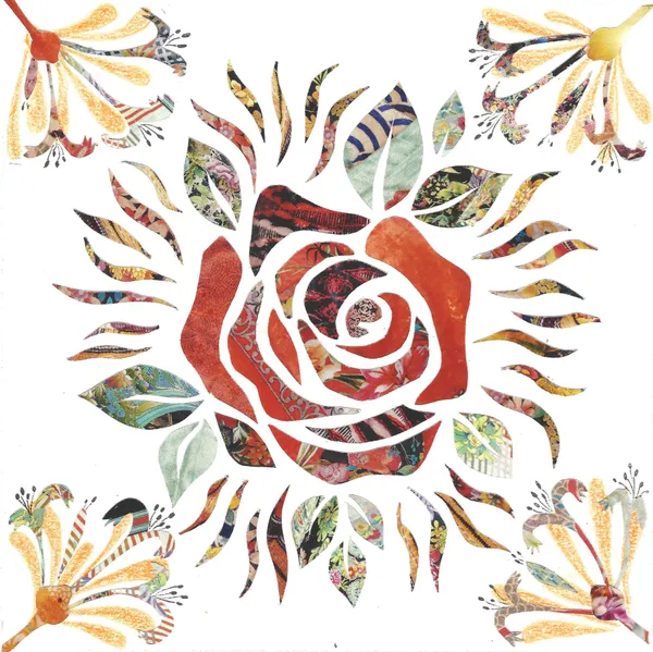 collage made from Johnny Was catalogue depicting a rose in the center surrounded by leaves and sunrays, with honeysuckle flowers emerging from the corners
