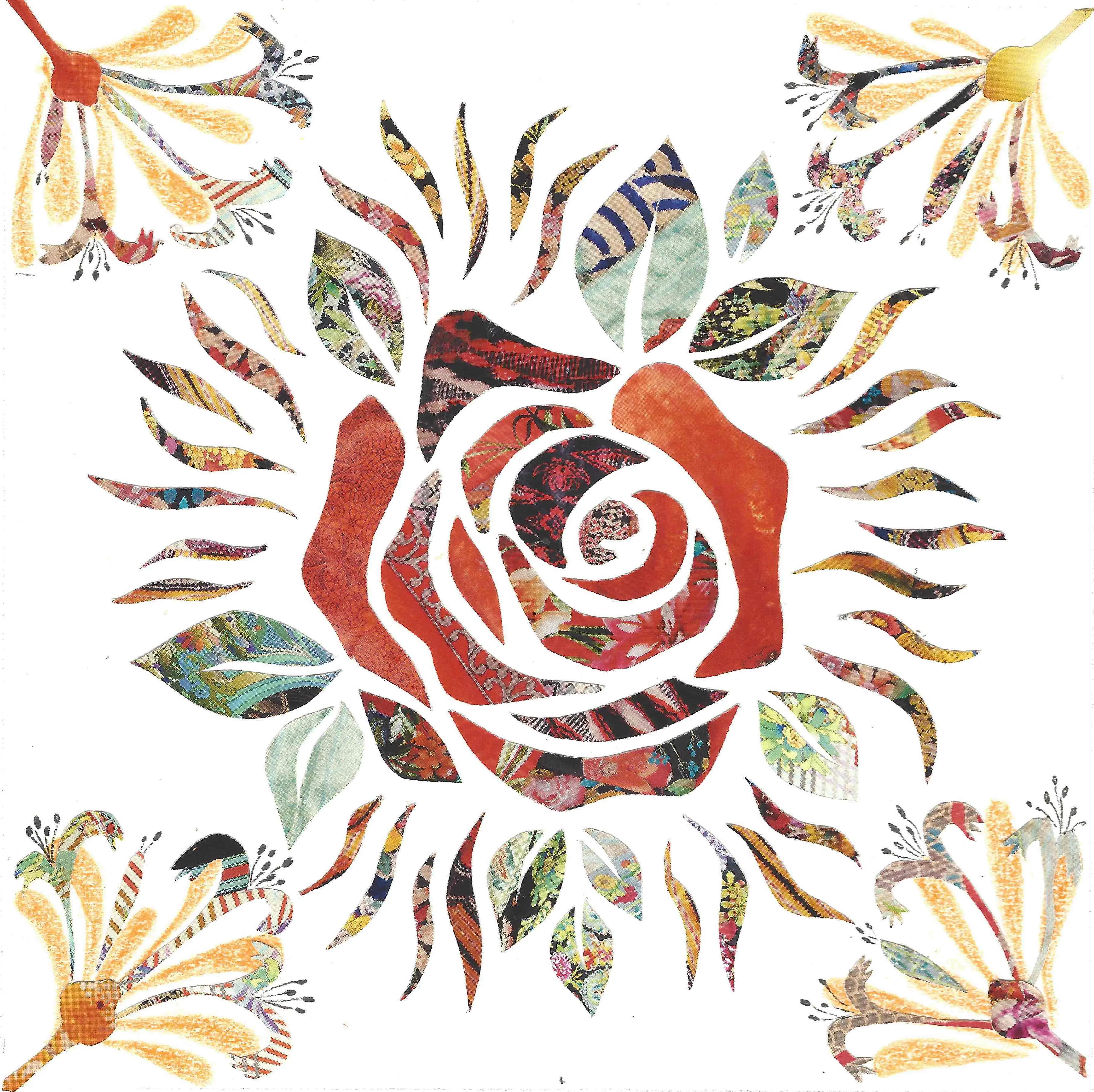 collage made from Johnny Was catalogue depicting a rose in the center surrounded by leaves and sunrays, with honeysuckle flowers emerging from the corners