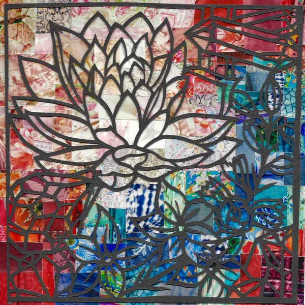 black paper-cut of a water lily, larkspur, and crystals overlaid on a collage of red, white, and blue paper from a Johnny Was catalogue