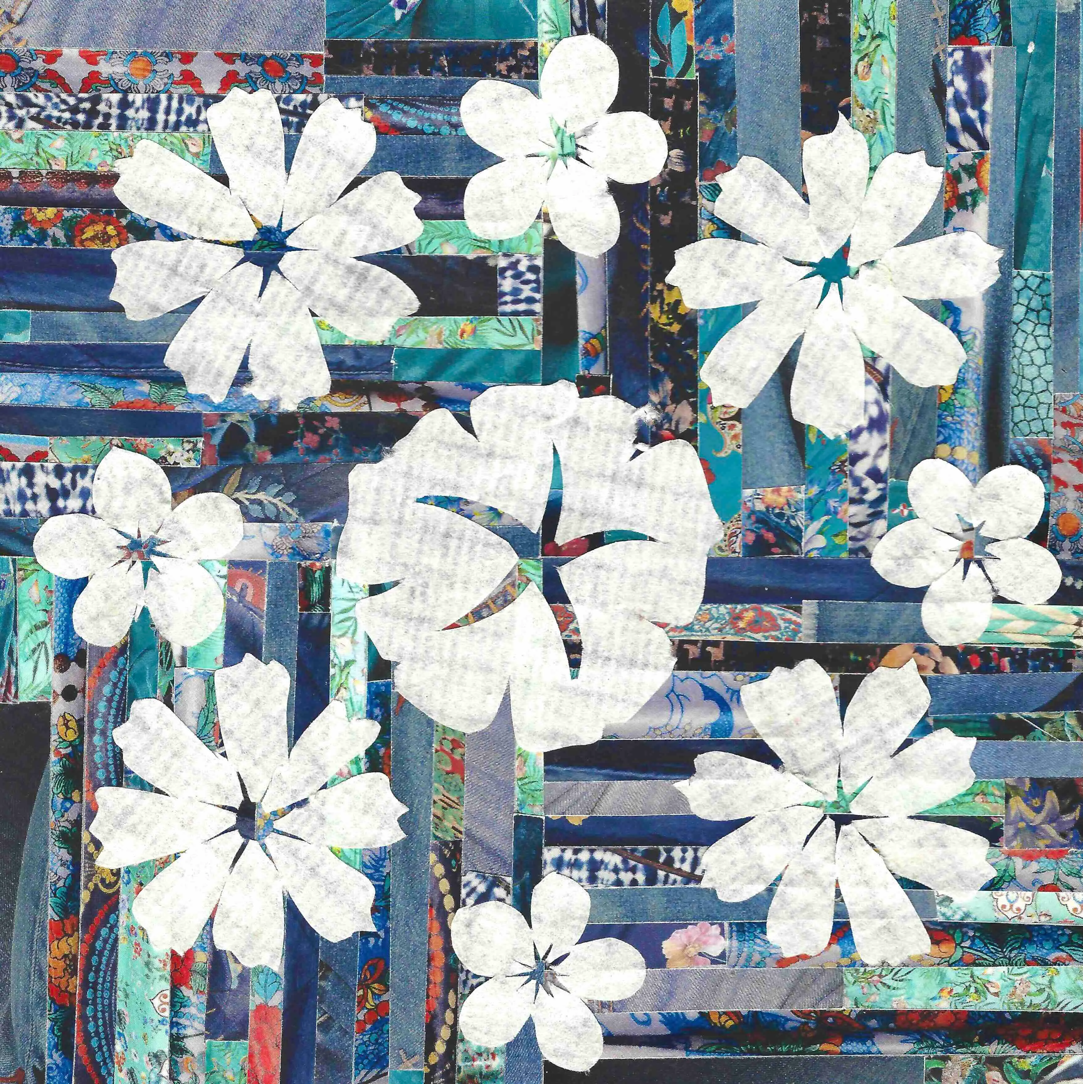 translucent white cosmos, morning glory, and forget-me-not flowers on a background of blue strips cut from Johnny Was catalogues