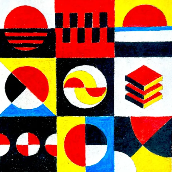 grid of nine squares with different geometric patterns colored in colored pencil with red, yellow, blue, black and white