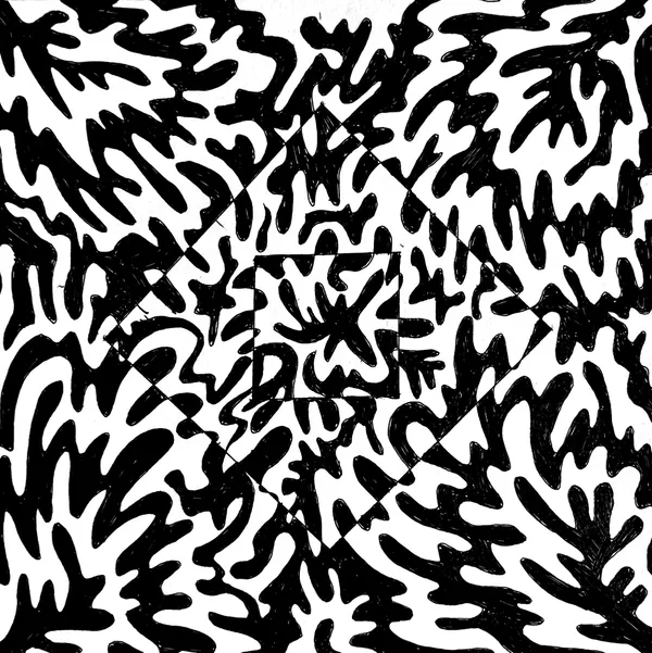 black and white drawing of splash patterns filling concentric rotated squares