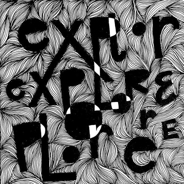 the letters "EXPLORE" repeatedly arranged on the page with lines filling the background