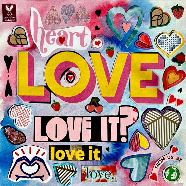 collage made of cut-out hearts, words and phrases involving "heart" and "love", and images of hearts, overlaid on a blue and red watercolor background