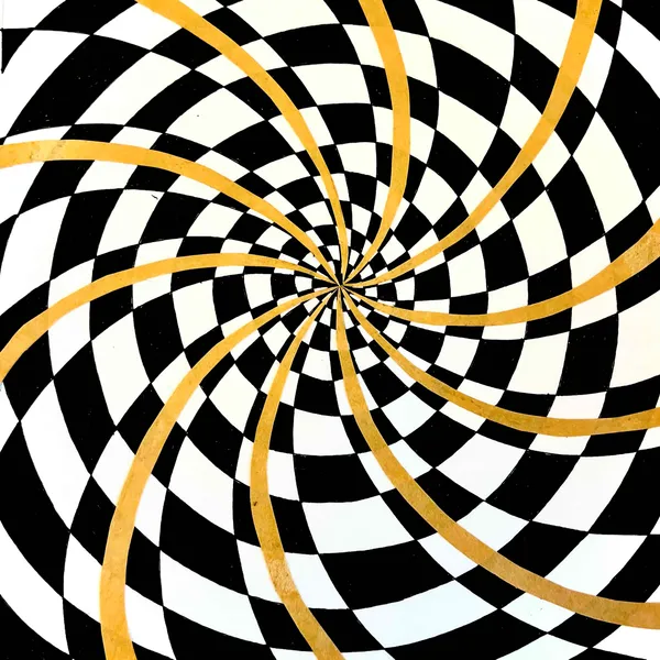 black and white tiled spiral with yellow rays