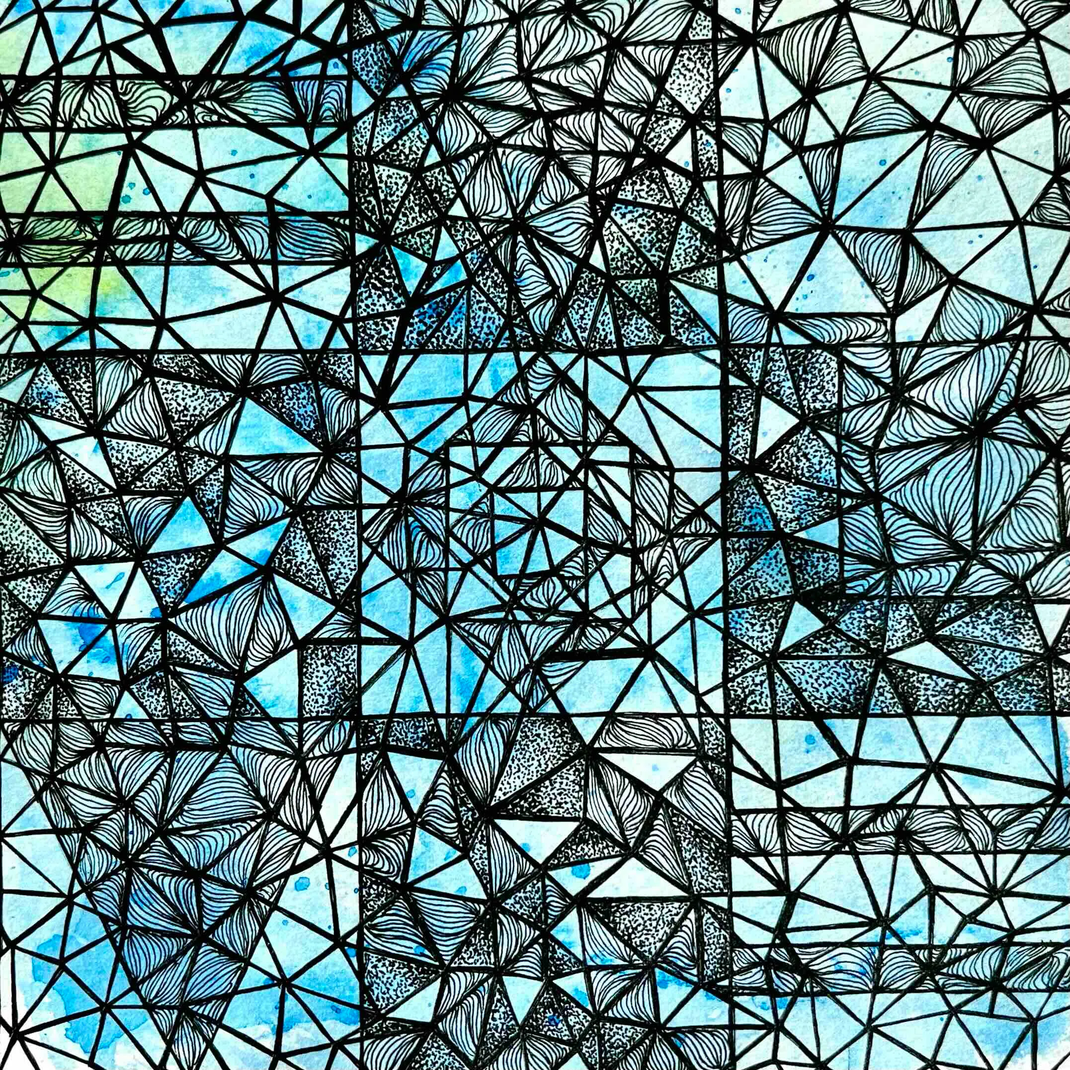 random triangles patterned to read EVOLVE over a blue watercolor background