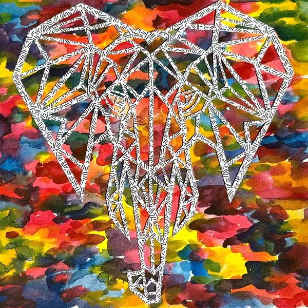 geometric elephant head design cut out of the inside of a security envelope paper, overlaid on a rainbow watercolor background