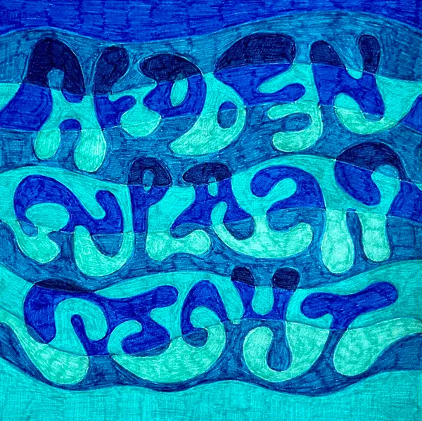 intertwining letters reading 'hidden in plain sight', colored in shades of blue