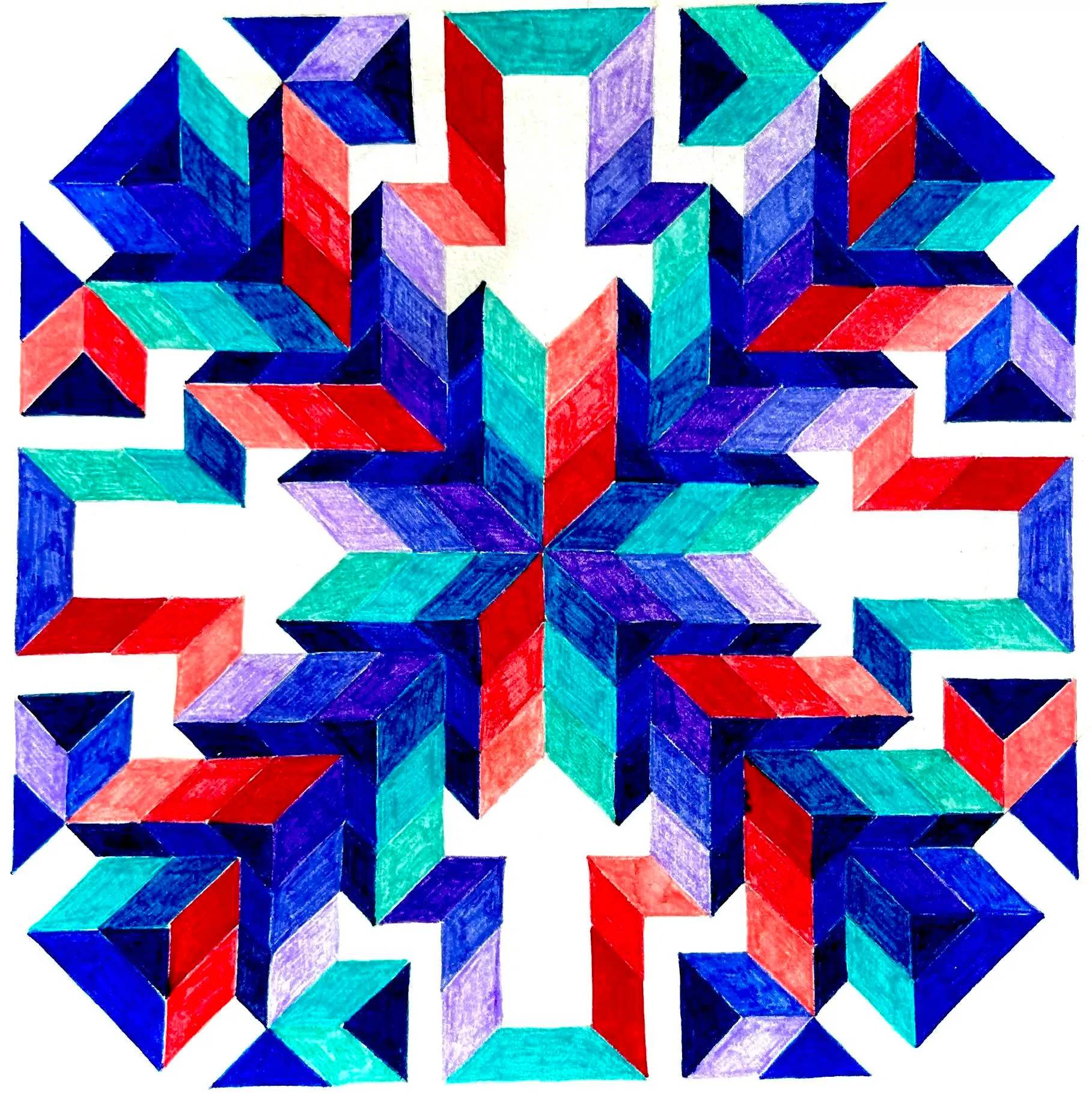 abstract geometric design colored in shades of blue, teal, purple, and red