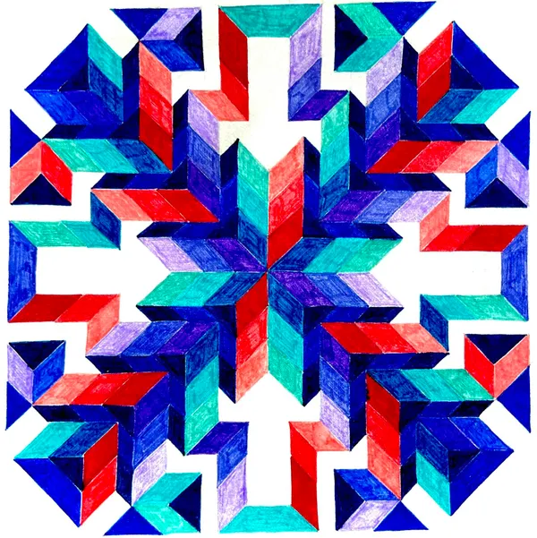 abstract geometric design colored in shades of blue, teal, purple, and red