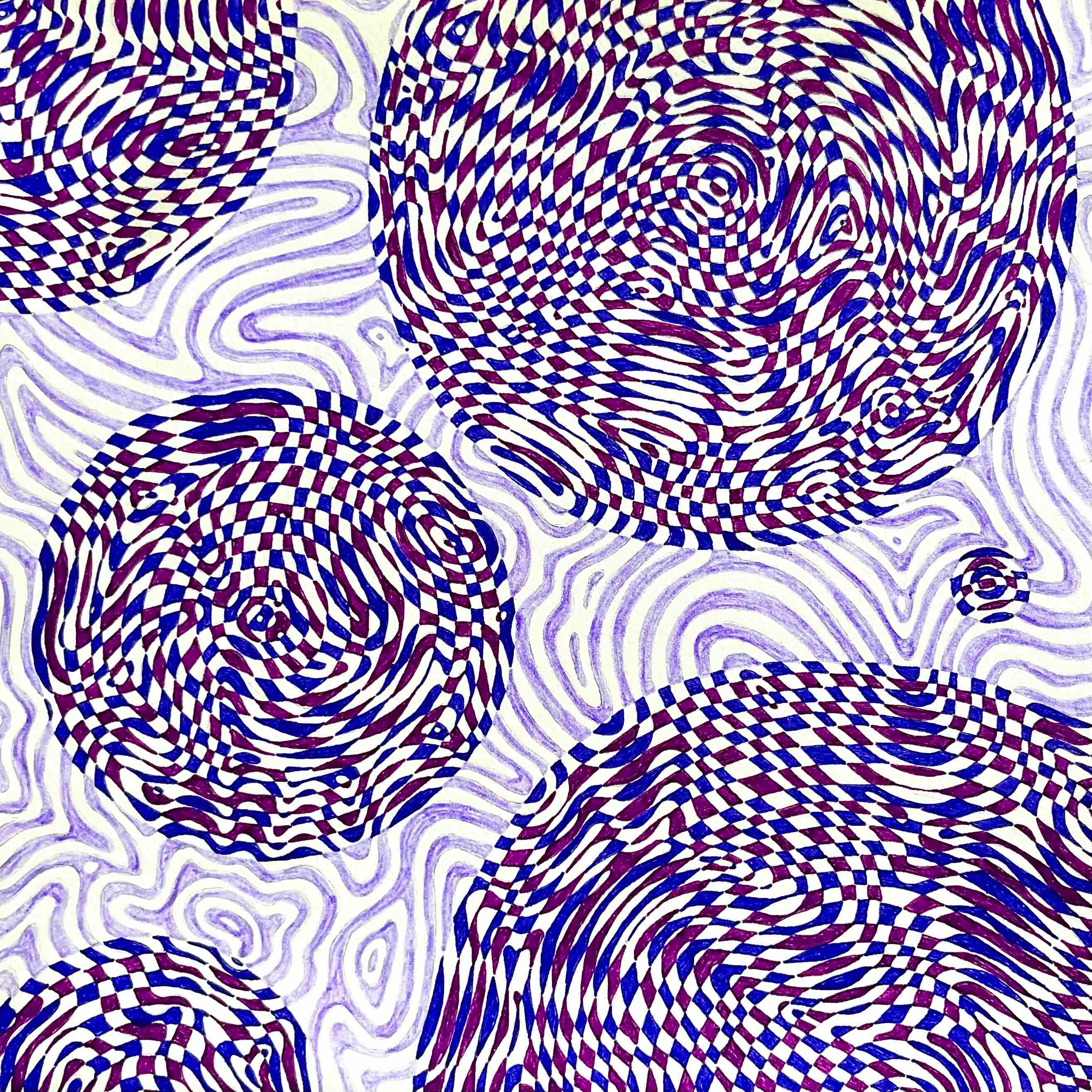 abstract topographical-like lines overlaid with several sets of concentric circles, colored in three shades of purple