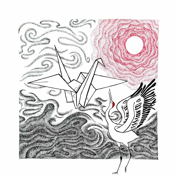 paper crane at center; actual crane with wings up, looking up at bottom left; red sun at top left; waves acoss the bottom; wind in the sky