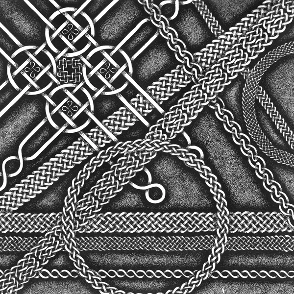 black and white drawing of a variety of celtic knot patterns