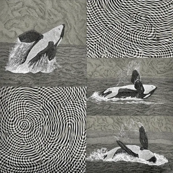 three panels showing an orca in various stages of breaching, black and white pen on grey paper background