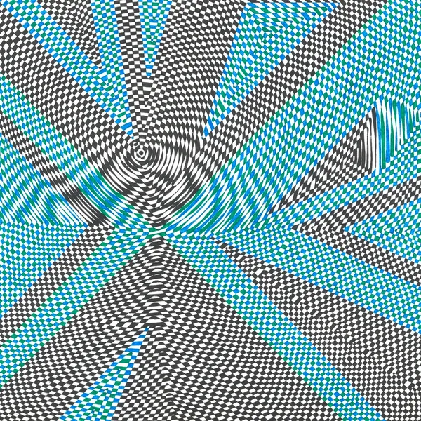 black, white, teal, and blue tiles created by intersecting diagonal lines with concentric circles