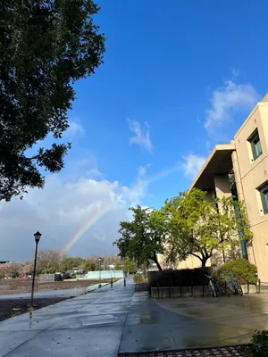 Surprise sunshine and rainbow on a rain-forecasted day
