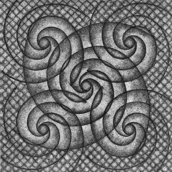 overlapping Fibonacci spirals in black and white with a stippled grid background