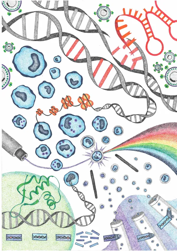 stippled illustration of the Variant-EFFECTS workflow for editing genomic regulatory DNA and measuring the effect on gene expression