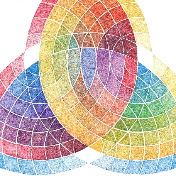three overlapping circles with concentric lines; each space filled with colors in a rainbow-ish gradient