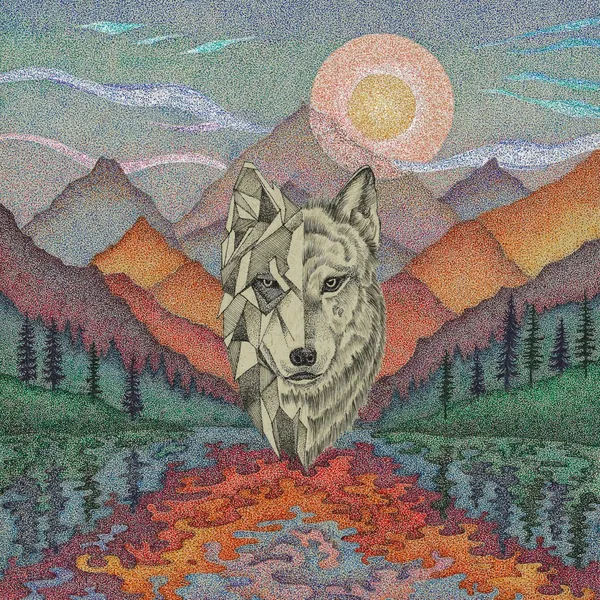 half realistic, half geometric wolf head with an alpine background (sky, mountains, trees, reflective lake)