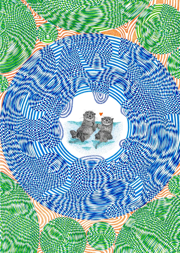 blue and green wavy tiles surrounding two hand-holding otters