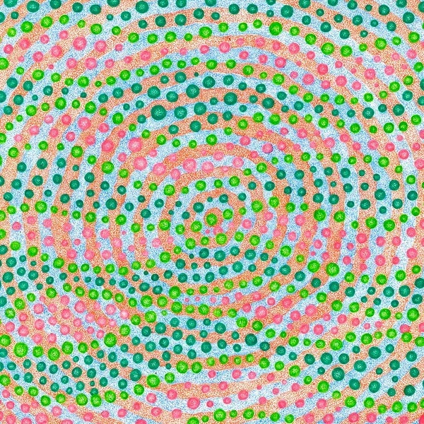 teal, green, and pink small circles in rows; orange and blue concentric rings filling background