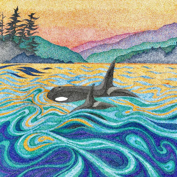 two orcas swimming in a geometric/abstract-style ocean with mountains, trees, and sunset in the background