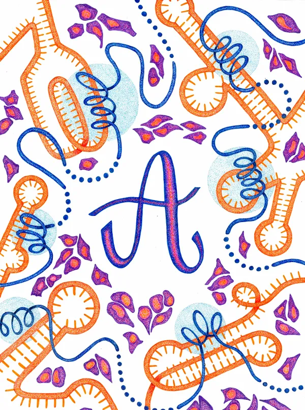 stippled abstract depiction of RNAs and proteins in orange, purple, and blue surrounding the letter A
